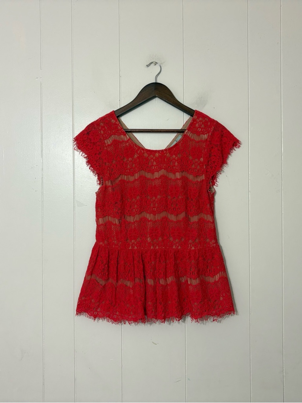 Maeve Anthropologie Katrine Lace Peplum Top Red Cap Sleeve Boho Size L - Picture 2 of 10